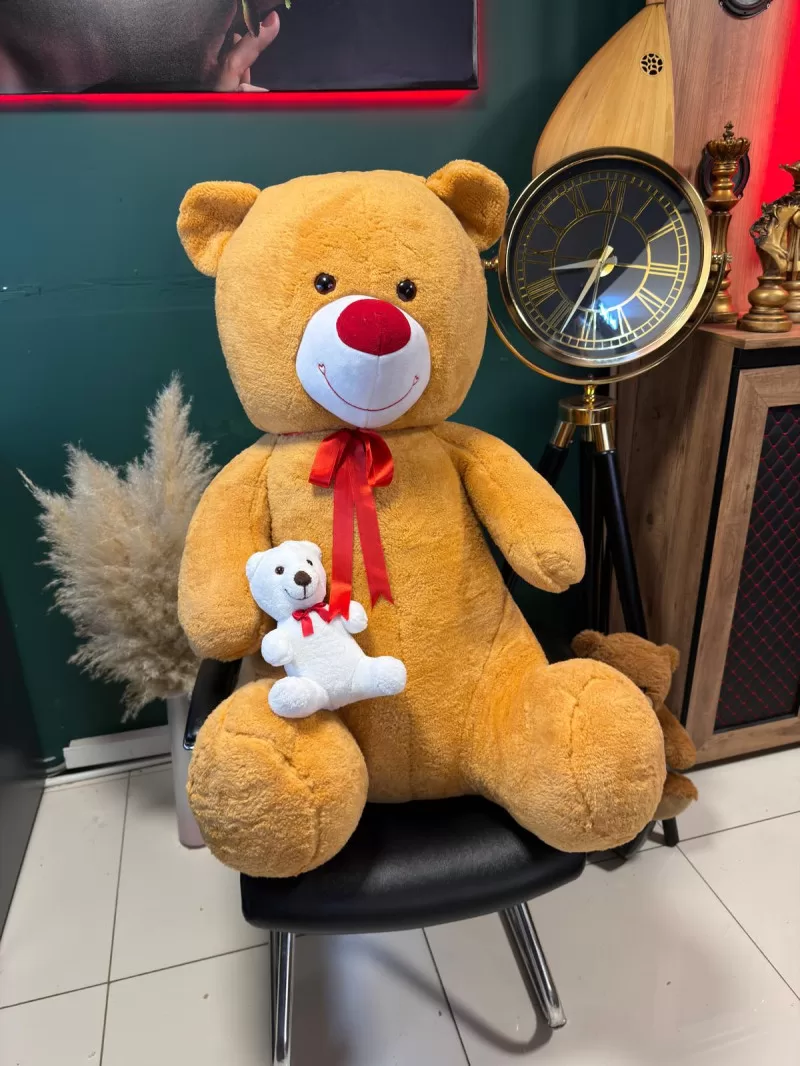 100cm Yavrulu Kahverengi Peluş Ayıcık
